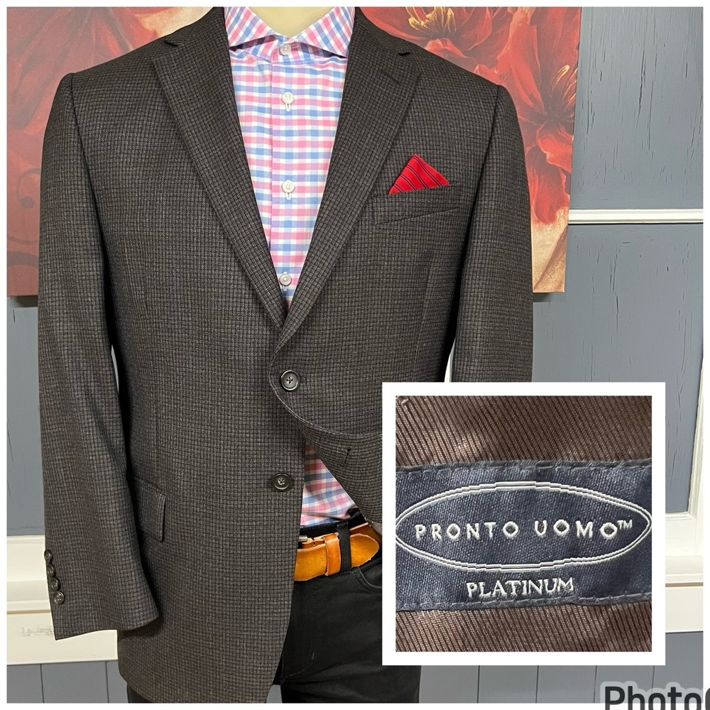 Pronto Uomo Blazer Sport Coat Men 40S Short Executive Fit Wool Brown Check